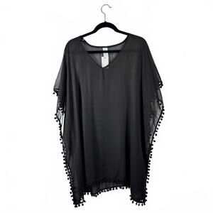 West Loop Women's Black Sheer Cover-Up with Pom Pom Trim NWT One Size NEW